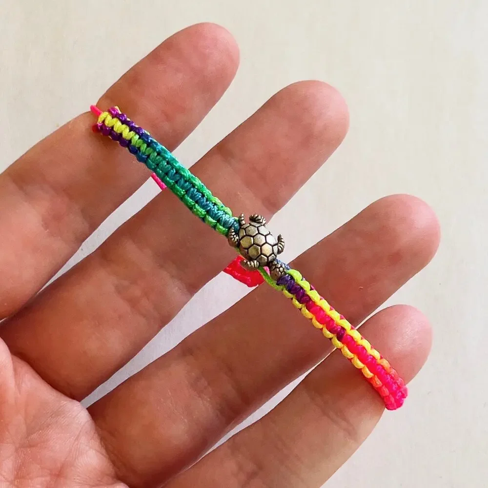 Turtle Neon Rainbow Adjustable Bracelet Silver Tone Charm Children's Handmade